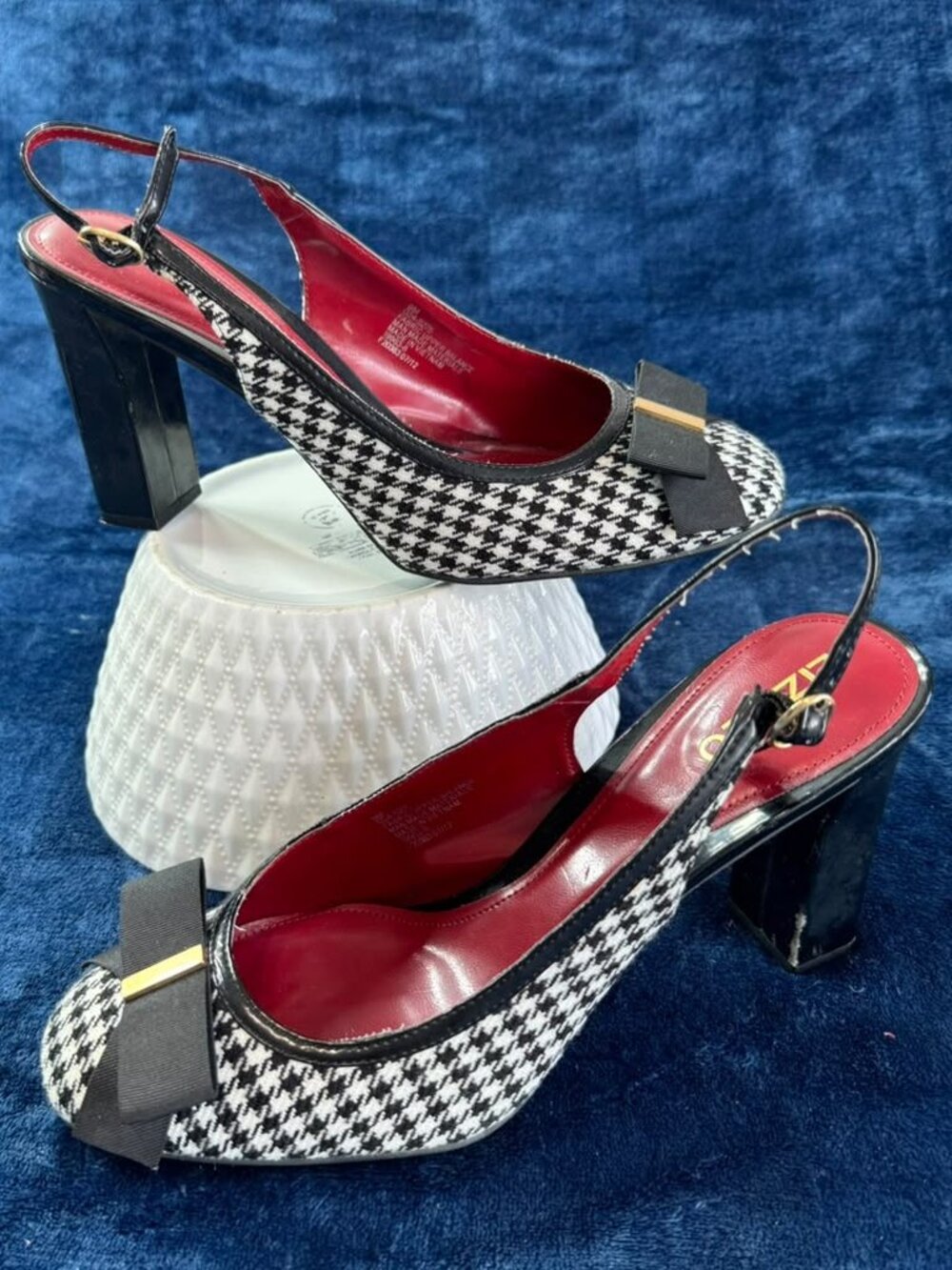 Liz Claiborne Womens Houndstooth Black White Bow Slingback High Heels Size 9M